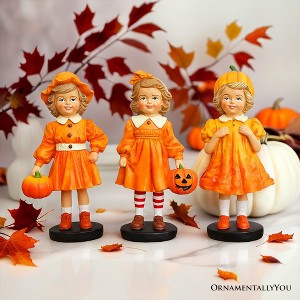 Inviting Pumpkin Girl Trio Set of Figurines, 6" Victorian Autumn Fall and Halloween Table Decoration| OrnamentallyYou - 1 of 4