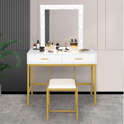 Karl Home | White And Gold Makeup Vanity Set With 2-Drawers And Stool