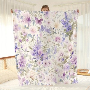 Lomsoe Purple Floral Print Flannel Blanket - All Seasons Soft and Warm Throw Blanket for Napping, Camping, Travel, Office - 1 of 4