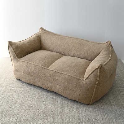 Khaki Teddy Fabric Upholstered Bean Bag Loveseat Sofa