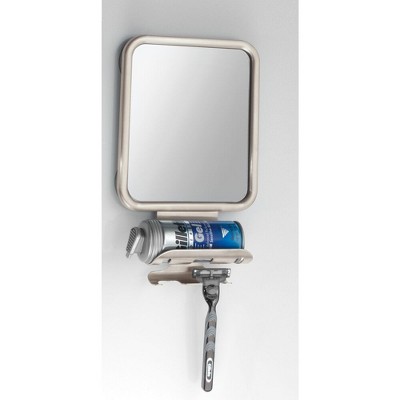 Satin Steel Wall-Mounted Fogless Shaving Mirror with Storage Hooks