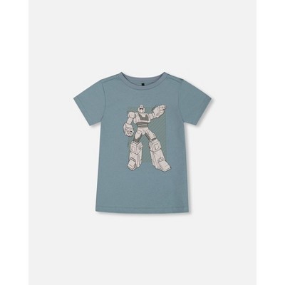 Deux par Deux Boy Organic Cotton Graphic Tee Grayish Teal and Robot - 10 Years