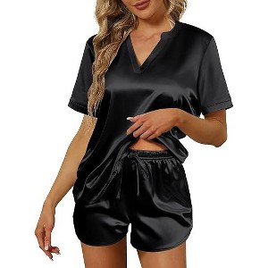 Ekouaer Silk Pajamas for Women Short Sleeve Satin Sleepwear Two-piece Pjs Set Soft V Neck Loungewear - 1 of 4