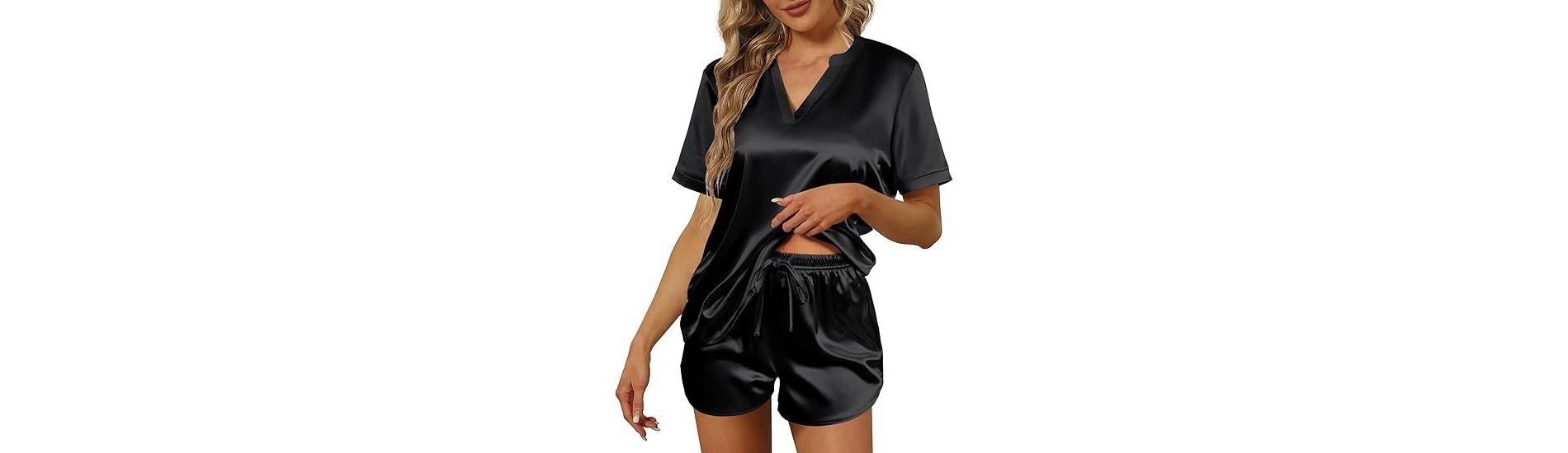 Ekouaer Silk Pajamas for Women Short Sleeve Satin Sleepwear Two-piece Pjs Set Soft V Neck Loungewear