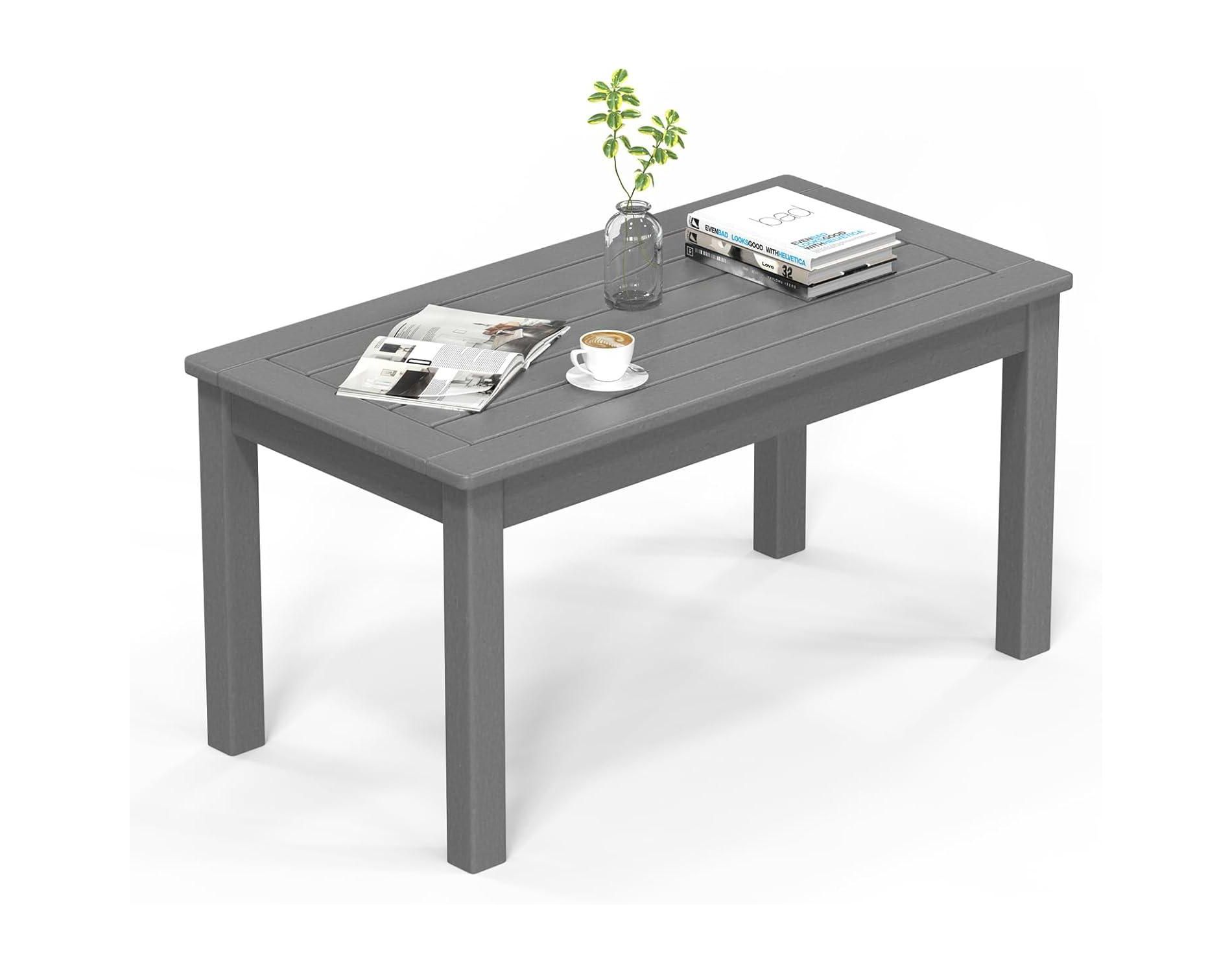 VINGLI Outdoor Coffee Table, HDPE Patio Coffee Table for Outside, All-Weather Rectangle Coffee Table for Deck, Garden, Balcony, Porch
