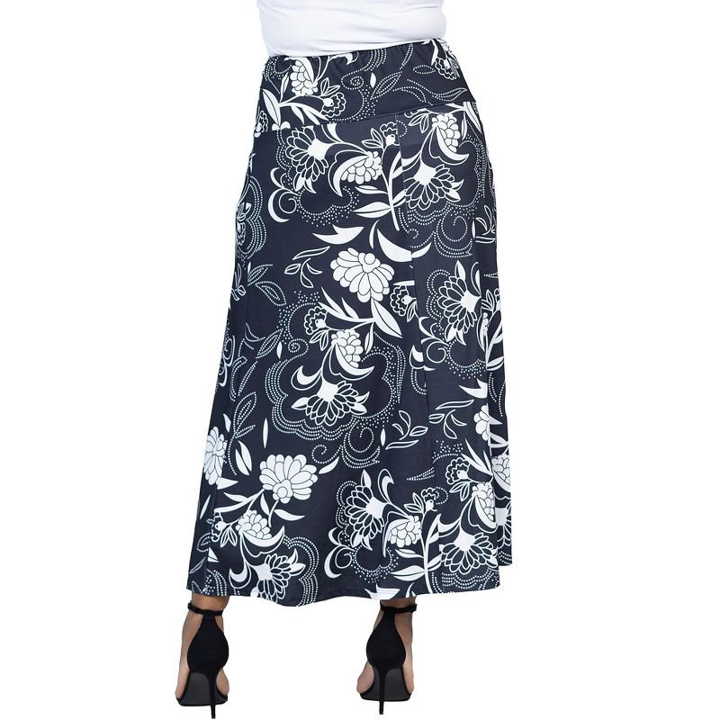 24seven Comfort Apparel Black and White Floral Plus Size Elastic Waist Ankle Length Comfortable Maxi Skirt, 3 of 7
