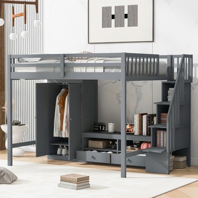 Full Size Loft Bed with Wardrobe, Low Storage Table and Storage Staircase