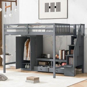 Full Size Loft Bed with Wardrobe, Low Storage Table and Storage Staircase - 1 of 4