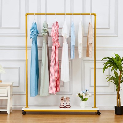Gold Metal Clothing Rack with Wood Shelf, Heavy Duty Garment Rack on Wheels, Industrial Pipe Clothing Rack, Perfect for Bedroom or Living Room