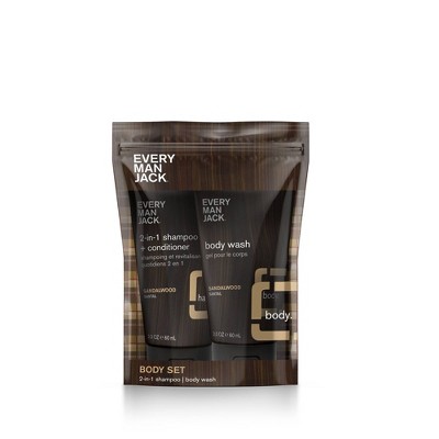 Every Man Jack Men's Sandalwood Body Trial & Travel Pouch Set - Body Wash, 2-in-1 Shampoo + Conditioner - 2ct