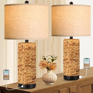 25''Rattan Table Lamp With 3-Way Dimmable For Living Room Set Of 2,Table Lamps With 2 USB Ports 1 AC Outlet,Modern Table Lamps Bedroom-The Pop Home - 1 of 4