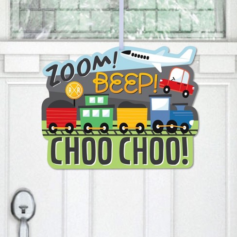 Big Dot of Happiness Cars, Trains, and Airplanes - Hanging Porch Transportation Birthday Party Outdoor Decorations - Front Door Decor - 1 Piece Sign - image 1 of 4