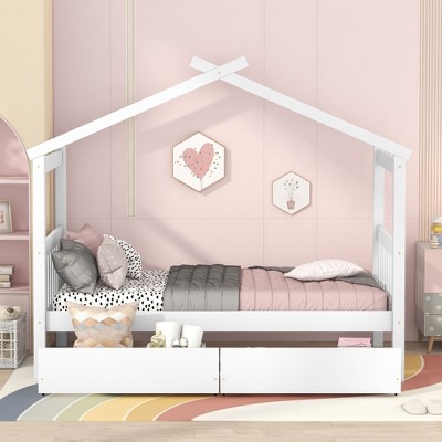 CAVINAS Twin/Full Size House Bed Frame with Drawers,Solid Wood Floor Bed for Kids Room,Bedroom