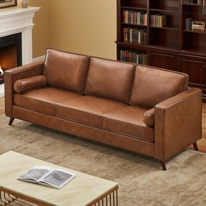 81" Faux Leather Sofa, Mid Century Modern Deep Seat Couch, Upholstered Cushion&Removable Cover, Brown PU Couch, 3 Seat Sofa for Living Room, Office - 1 of 4