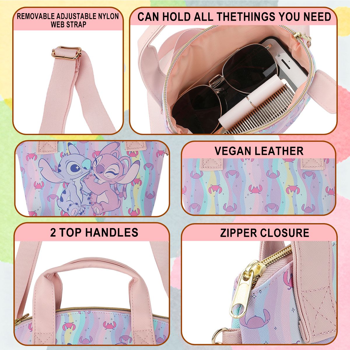 Disney Lilo & Stitch Angel & Stitch Hearts Pastel Striped 9.25" Mini PU Handbag - thumbnail 4