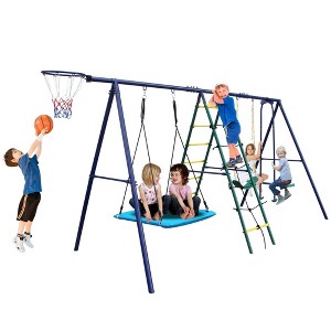 Whisen 6 in 1 Swing Set with Climbing Ladder, Climbing Net, Glider, Basketball Hoop for Backyard, Perfect Gift for Kids - Multicolor - 1 of 4