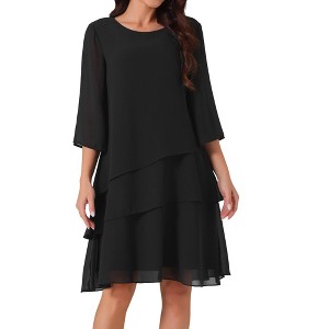 INSPIRE CHIC Women's Round Neck Semi Sheer 3/4 Bell Sleeve Asymmetrical Layered Tiered Midi Dress - 1 of 4