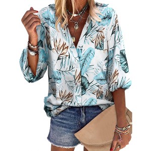 Nlife Women Lapel Collar Floral Print Button Down Long Sleeve Elastic Cuff Shirt - 1 of 4