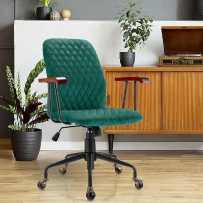 Green Velvet Adjustable Swivel Task Chair with Wooden Armrests