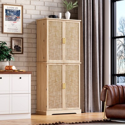 72" Tall Kitchen Pantry with Rattan Doors, Storage Cabinet Organizer with Adjustable Shelves, Freestanding Wooden Cupboard for Dining Room