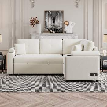 87.4" Pull-out Sleeper Sofa Bed, L-shape Sectional Sofa Couch Set with Wheels, USB Ports and Power Sockets-ModernLuxe