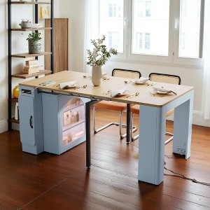Mshliw Extendable Dining Table with 3 Removable Leaves, Rolling Kitchen Island Table with LE D Li ghting and Storage Cabinet for Dining Room - 1 of 4