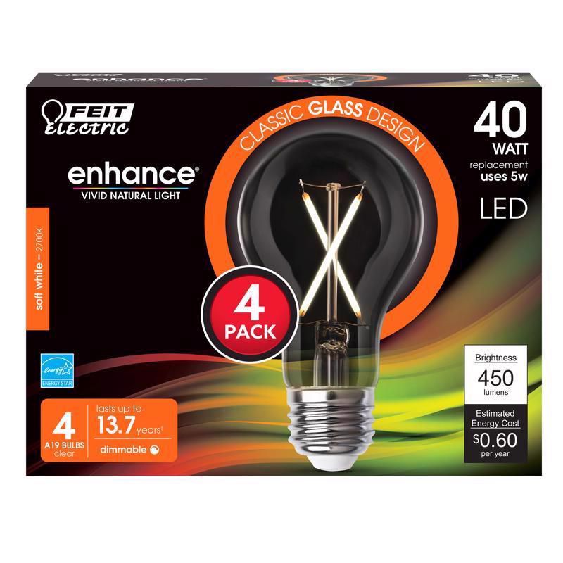 Feit Electric A19 E26 (Medium) Filament LED Bulb Clear 40 Watt Equivalence 4 pk, 1 of 2