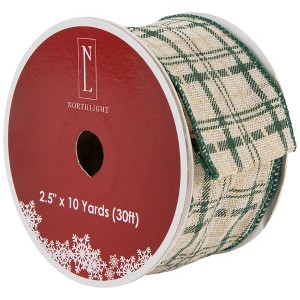 Northlight Green and Beige Plaid Wired Craft Christmas Ribbon 2.5" x 10 Yards - 1 of 4