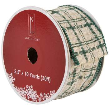 Northlight Green and Beige Plaid Wired Craft Christmas Ribbon 2.5" x 10 Yards