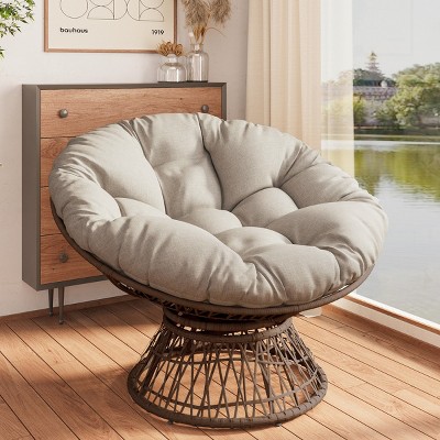 360° Patio Swivel Egg Chair,Fabric Upholstered Wicker Egg Chair,Adjustable Feet,Garden Wicker Lounge Chair With Metal Frame-Coolbibila