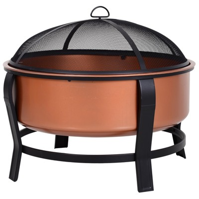 Outsunny Copper-Colored Round Basin Wood Fire Pit Bowl with Organic Black Base Log grate Wood Poker & Mesh Screen for Embers