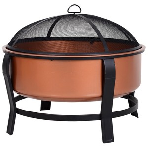 Outsunny 30 Inch Outdoor Fire Pits, Copper-Colored Round Basin Fire Pit, Wood Burning Firepit Bowl with Log Grate, Poker, & Mesh Screen for Embers - 1 of 4