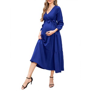 V-neck flared sleeve short sleeved long maternity dress - 1 of 1