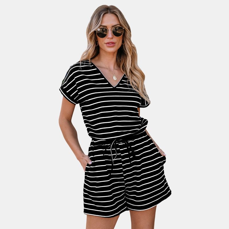 Women's Black & White Stripe Short Sleeve Jersey Romper - Cupshe, 1 of 7