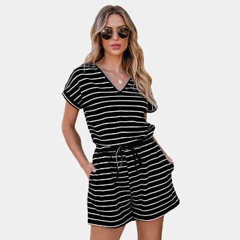 Women's Black & White Stripe Short Sleeve Jersey Romper - Cupshe