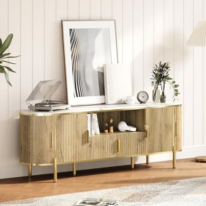 Wood Entertainment Center Media TV Console with Faux Marble Top Adjustable Shelves and Curved Profile Sliding Doors - 1 of 4