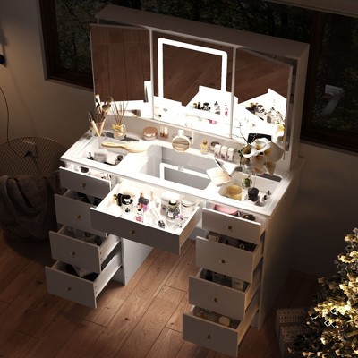 Famapy 43"W Large Vanity Table 9-Drawer Vanity Set with Crystal Pulls and Versatile Mirror Lighting