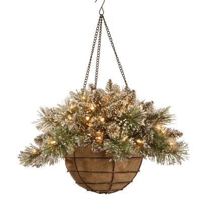 National Tree Company Christmas Prelit 20 Inch Artificial Glittery Bristle Pine Hanging Basket Plant for Indoor and Outdoor Holiday Decoration