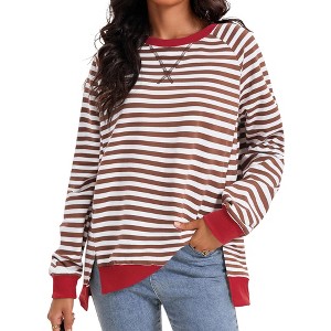 ATHLECHIC Women's Split Hem Striped Color Block Crew Neck Casual Loose Oversized Sweatshirt Shirt Tops - 1 of 4