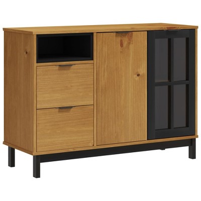 Solid Pine Wood Sideboard with Glass Door and Black Accents