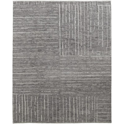 Gray and Ivory Wool Checkered Hand Knotted Worn Faded Area Rug