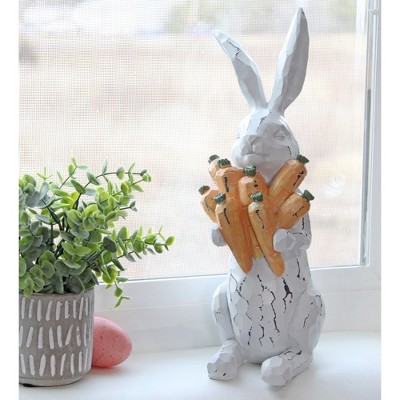 Large Distressed White Resin Rabbit Statue with Carrots