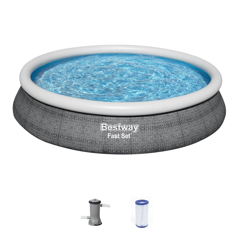 Bestway Fast Set 15' x 33" Round Inflatable Outdoor Above Ground Swimming Pool Set with 530 Gallon Filter Pump and Repair Patch, Gray Rattan, 1 of 9