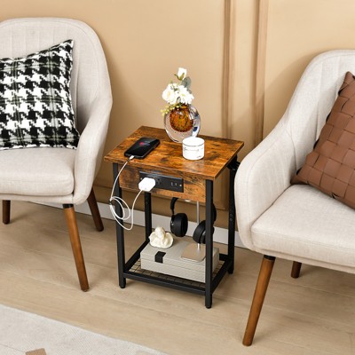 Rustic Brown Industrial End Tables with Charging Station, Set of 2