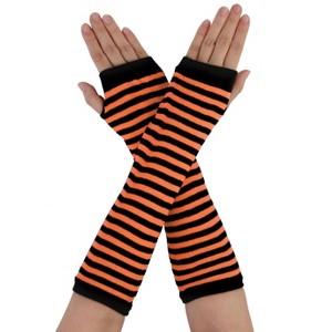 Unique Bargains Women's Winter Stripe Pattern Elbow Length Thumbhole Arm Warmers Fingerless Gloves - 1 of 4