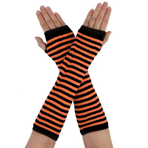 Unique Bargains Women s Winter Stripe Pattern Elbow Length Thumbhole Arm Warmers Fingerless Gloves Orange One Size Target