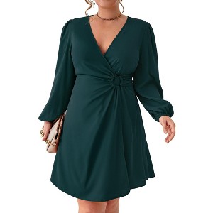 Women's Plus Size V Neck Wrap Dress Casual High Waist Party Business Work Long Sleeve Blazer Midi Dress - 1 of 4