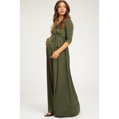 PinkBlush Olive Green Draped 3/4 Sleeve Maternity Maxi Dress