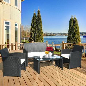 Costway 4PCS Patio Rattan Wicker Furniture Conversation Set Cushioned Sofa Table - 1 of 4