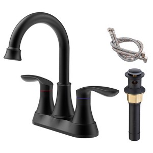 DOMETOUR Matte Black Bathroom Faucet 2-Handle High Arc 360° Swivel Spout w/ Pop-up Drain & Supply Hoses, Centerset Vanity Sink Faucet 4011B-MB - 1 of 4